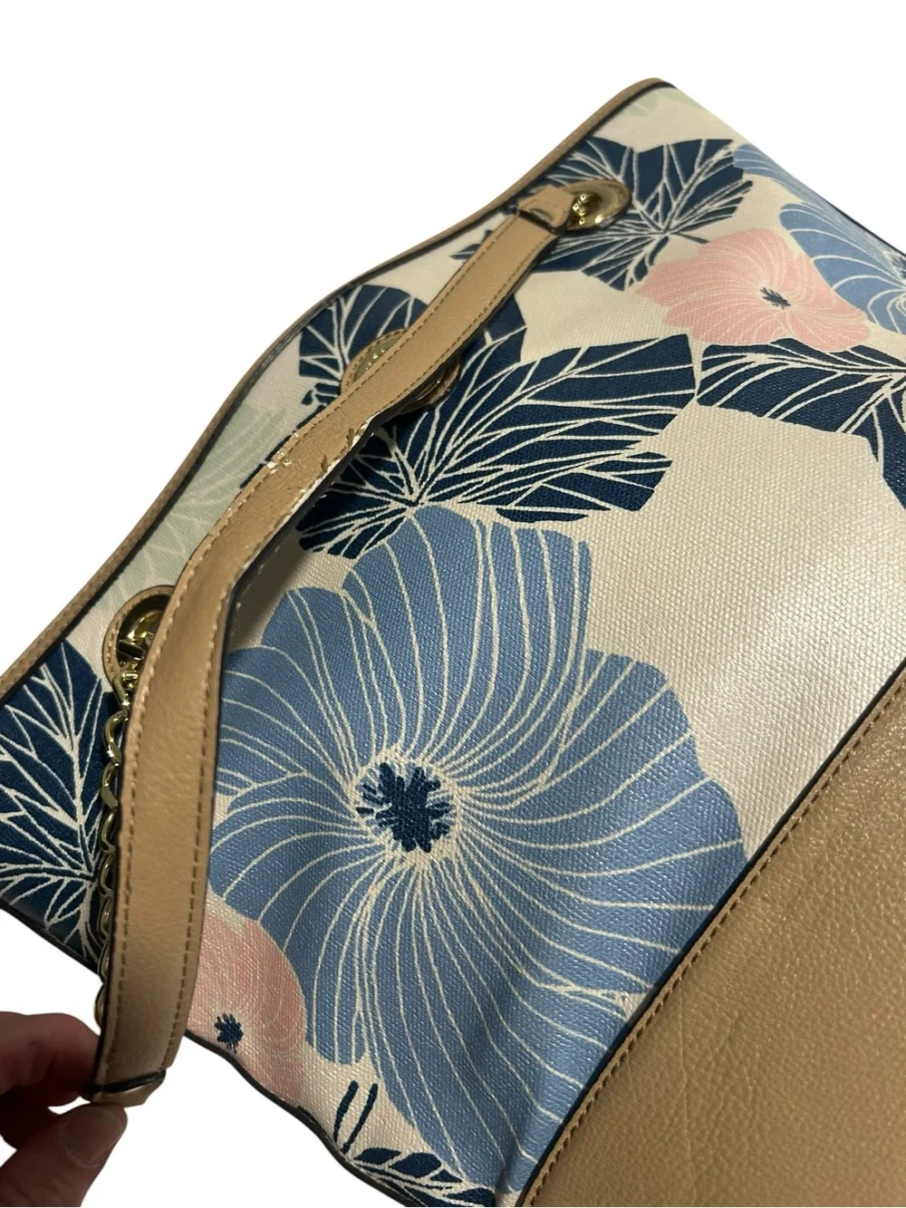 Anne Klein Floral Navy Blue and Pale Pink Tote with Tan Trim